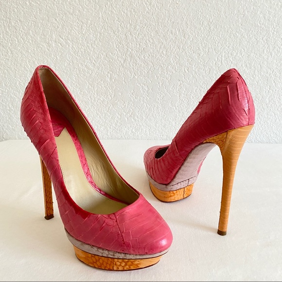 brian atwood snakeskin platform pumps pink orange - Picture 10 of 11